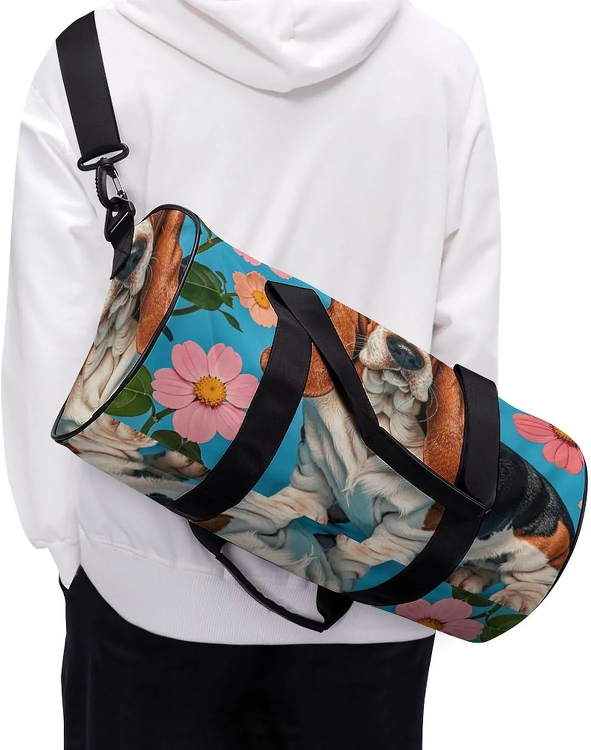 Gym Bags Small Sweet Basset Hound Florals Duffel Bag Overnight Bag with Shoe Compartment Carryon Bag for Men Women