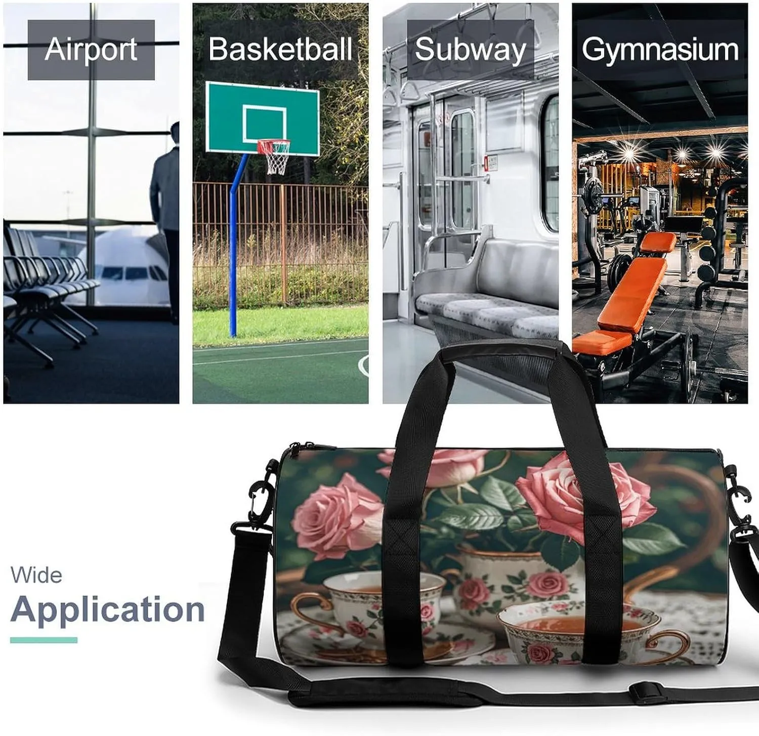 Gym Bags Small Tea Cups with Roses Romantic Duffel Bag Overnight Bag with Shoe Compartment Carryon Bag for Men Women