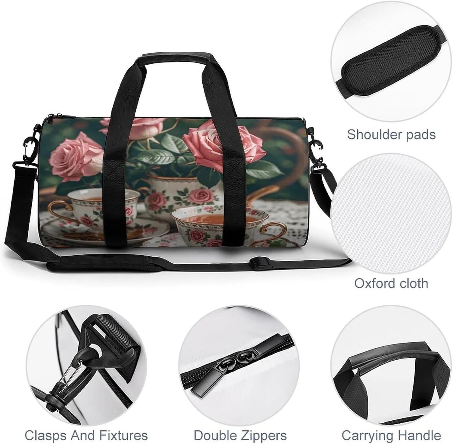 Gym Bags Small Tea Cups with Roses Romantic Duffel Bag Overnight Bag with Shoe Compartment Carryon Bag for Men Women