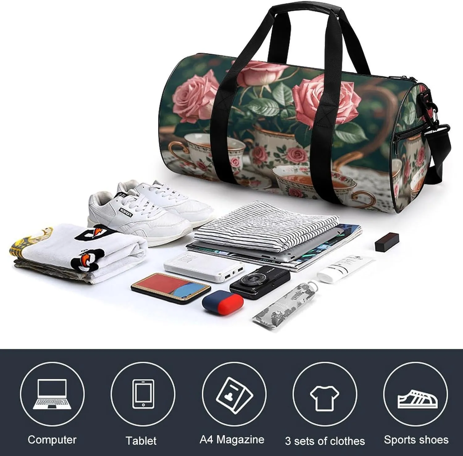 Gym Bags Small Tea Cups with Roses Romantic Duffel Bag Overnight Bag with Shoe Compartment Carryon Bag for Men Women