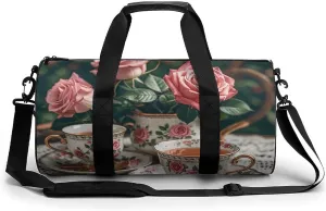 Gym Bags Small Tea Cups with Roses Romantic Duffel Bag Overnight Bag with Shoe Compartment Carryon Bag for Men Women