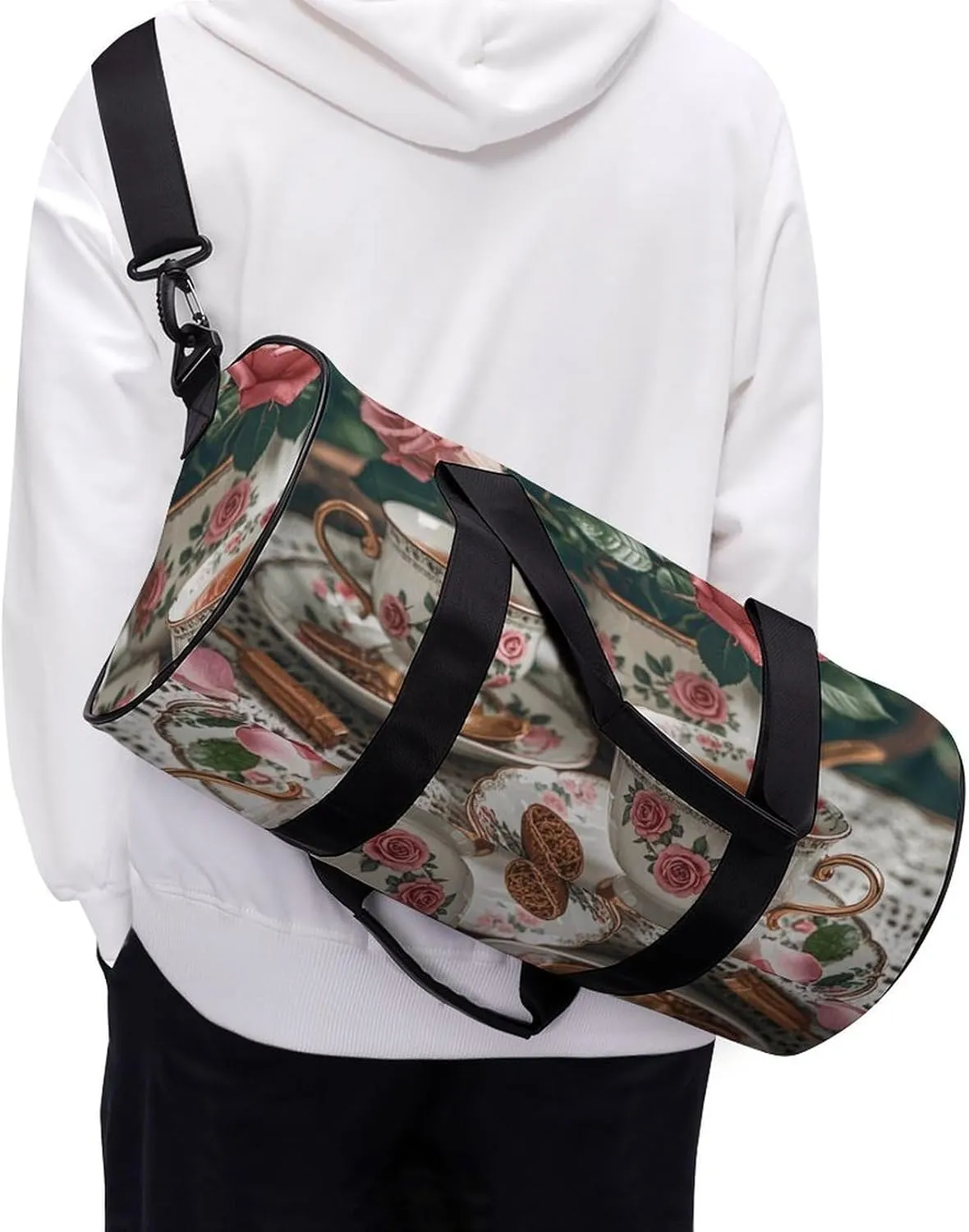 Gym Bags Small Tea Cups with Roses Romantic Duffel Bag Overnight Bag with Shoe Compartment Carryon Bag for Men Women