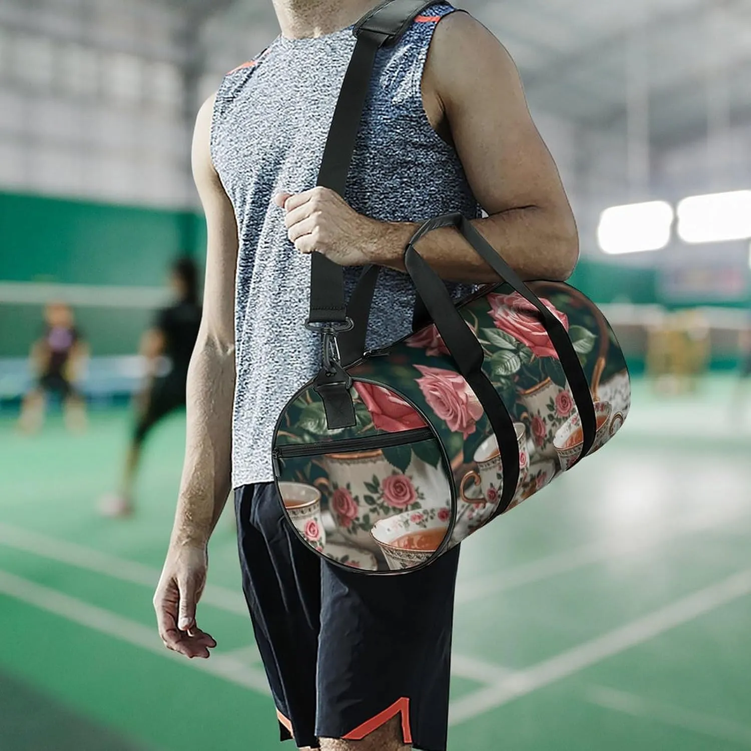 Gym Bags Small Tea Cups with Roses Romantic Duffel Bag Overnight Bag with Shoe Compartment Carryon Bag for Men Women