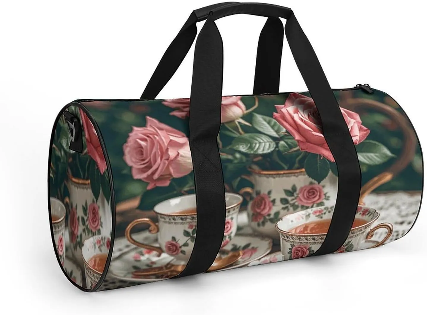 Gym Bags Small Tea Cups with Roses Romantic Duffel Bag Overnight Bag with Shoe Compartment Carryon Bag for Men Women