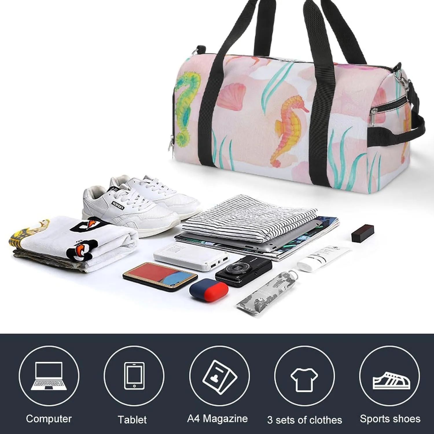 Gym Duffel Bag with Shoe Compartment Wet Pocket, Aquarium Print Travel Bag for Men Women