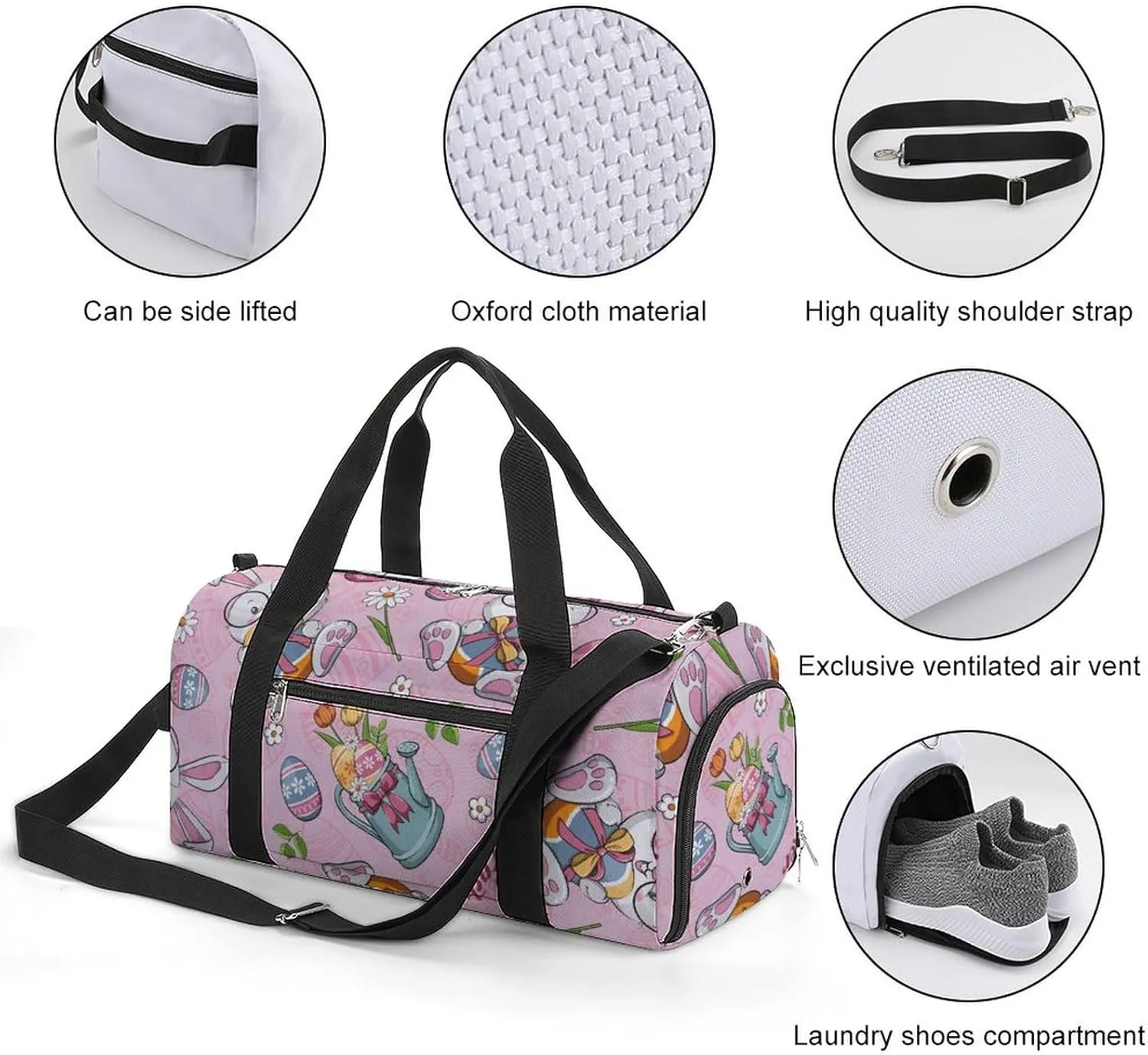 Gym Duffel Bag with Shoe Compartment Wet Pocket, Pink Happy Easter Travel Bag for Men Women