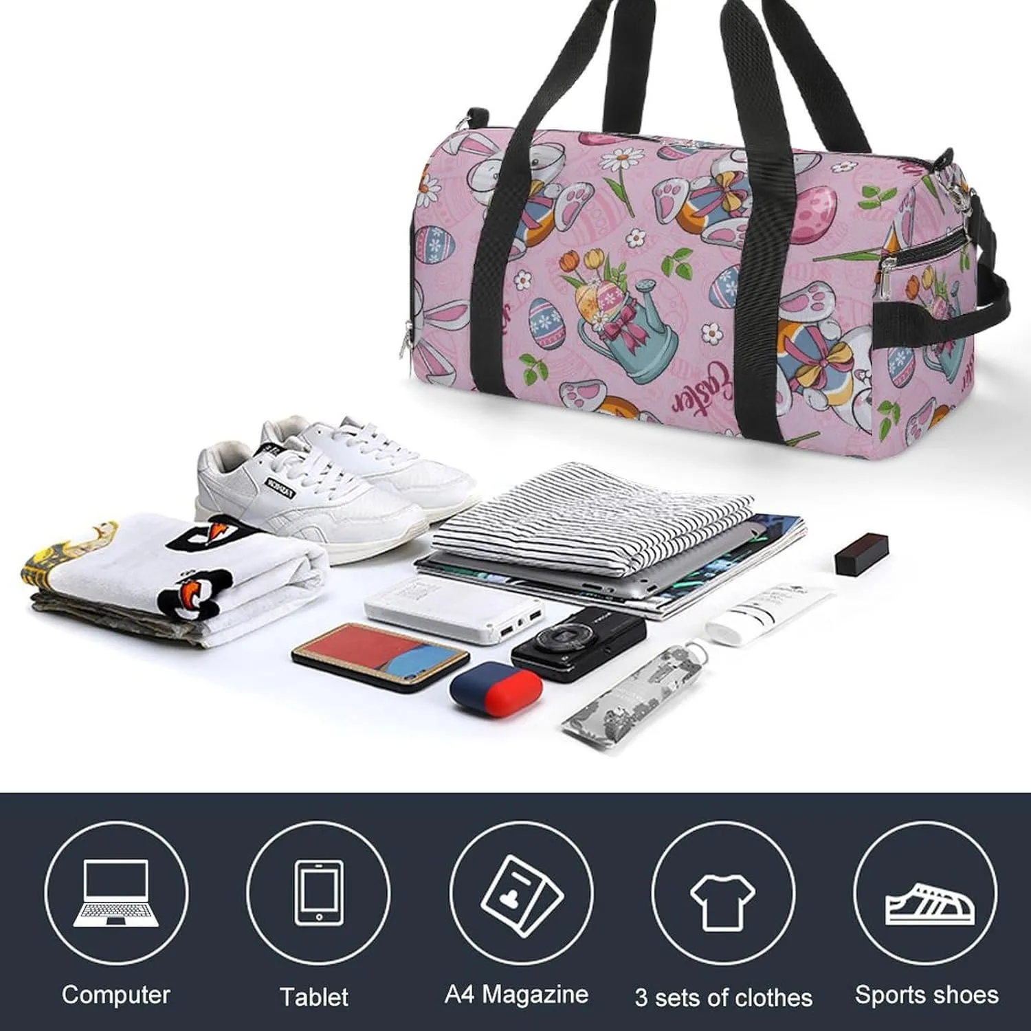Gym Duffel Bag with Shoe Compartment Wet Pocket, Pink Happy Easter Travel Bag for Men Women