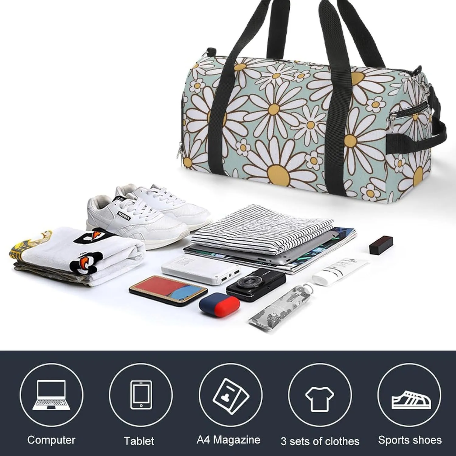 Gym Duffel Bag with Shoe Compartment Wet Pocket, Retro 1970s Hippie Travel Bag for Men Women