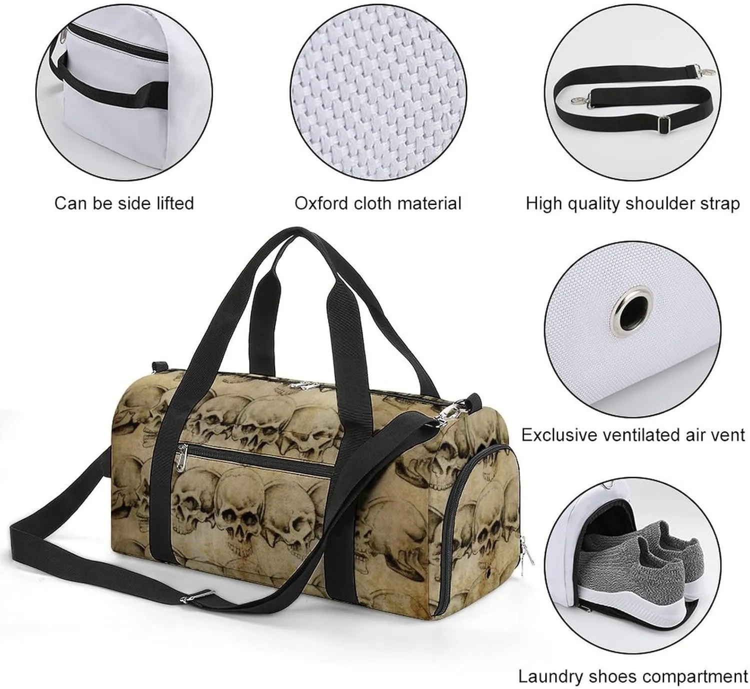 Gym Duffel Bag with Shoe Compartment Wet Pocket, Skulls over Old Paper Print Travel Bag for Men Women, style-3
