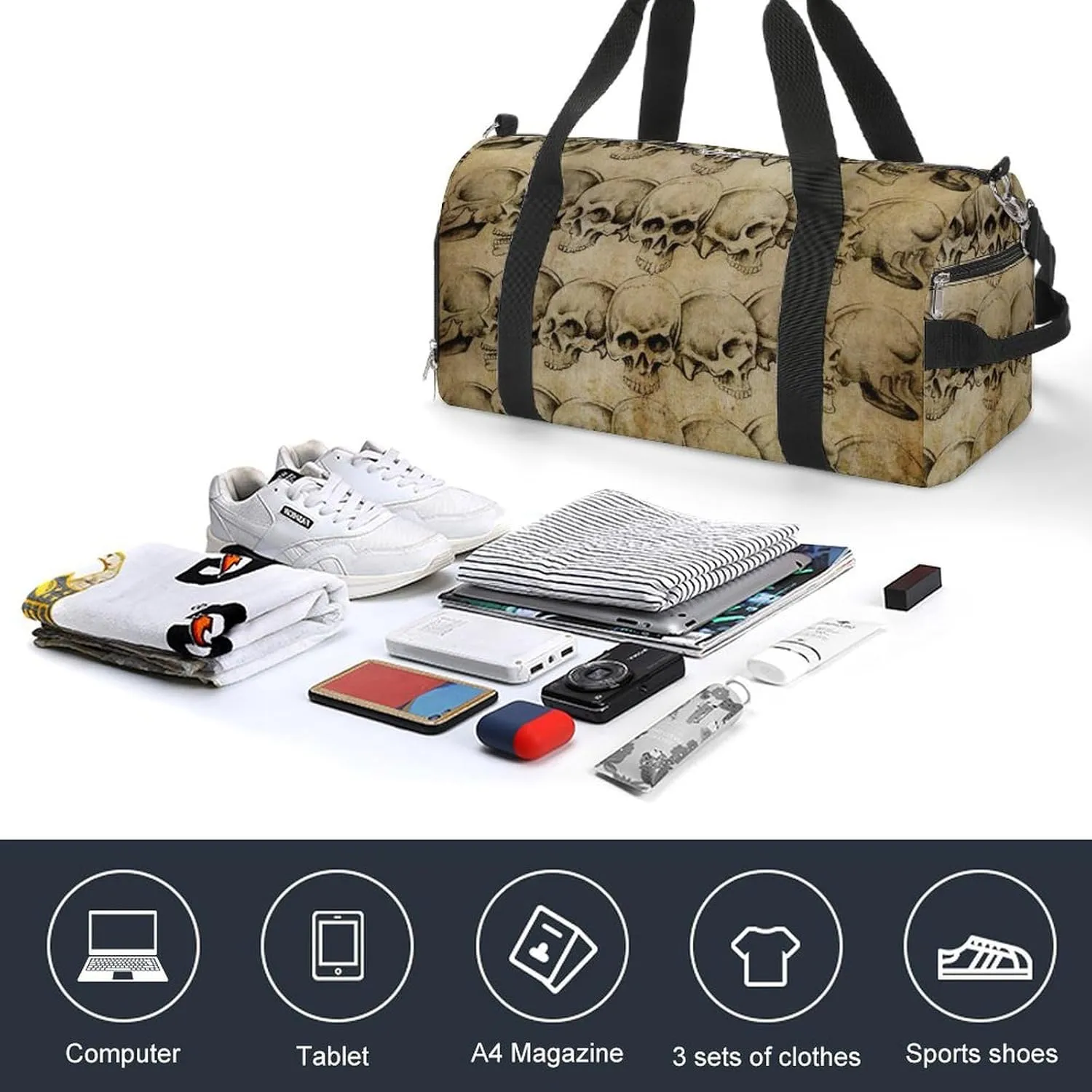 Gym Duffel Bag with Shoe Compartment Wet Pocket, Skulls over Old Paper Print Travel Bag for Men Women, style-3