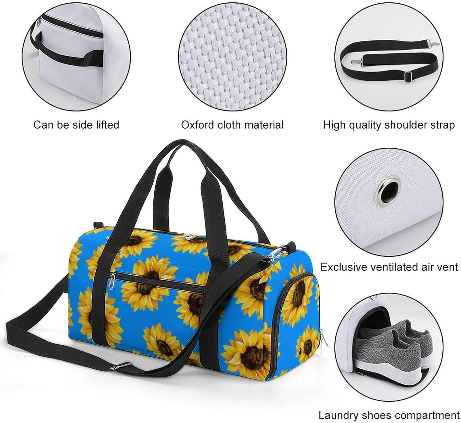 Gym Duffel Bag with Shoe Compartment Wet Pocket, Yellow Sunflower on Blue Travel Bag for Men Women, style-4