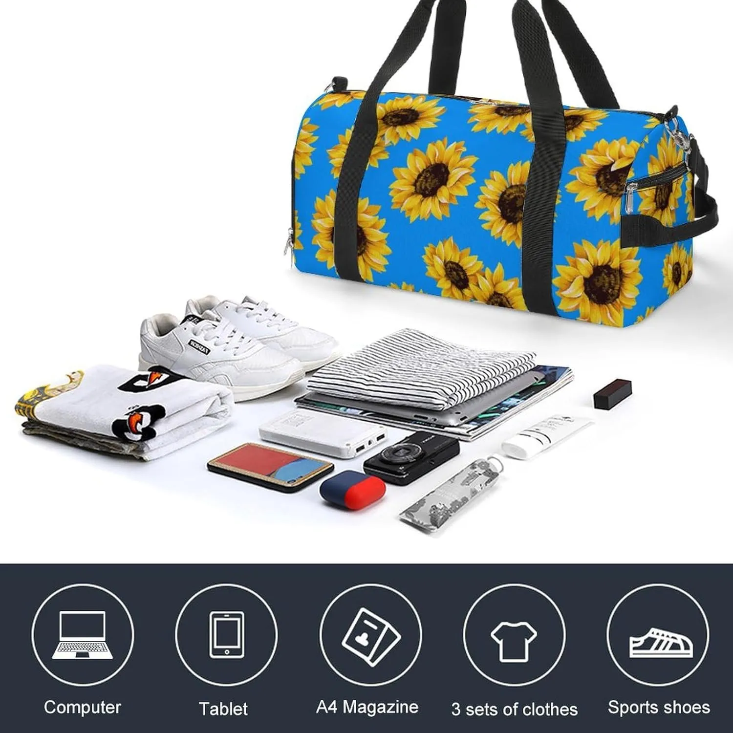 Gym Duffel Bag with Shoe Compartment Wet Pocket, Yellow Sunflower on Blue Travel Bag for Men Women, style-4