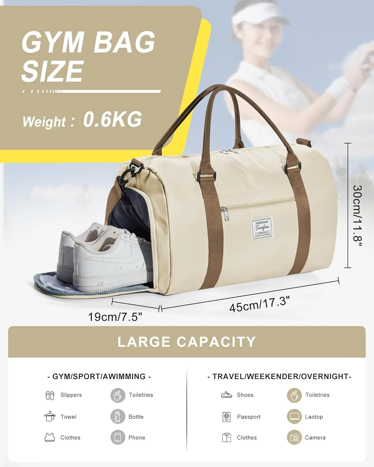 Gym Duffel Bag with Shoes Compartment and Wet Pocket - Women's Travel Bag for Plane, Sport, Gym, Swimming, Yoga - Small, Waterproof, Weekend Overnight, Carry On, Hospital Holdall