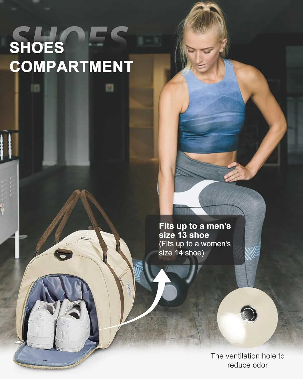 Gym Duffel Bag with Shoes Compartment and Wet Pocket - Women's Travel Bag for Plane, Sport, Gym, Swimming, Yoga - Small, Waterproof, Weekend Overnight, Carry On, Hospital Holdall