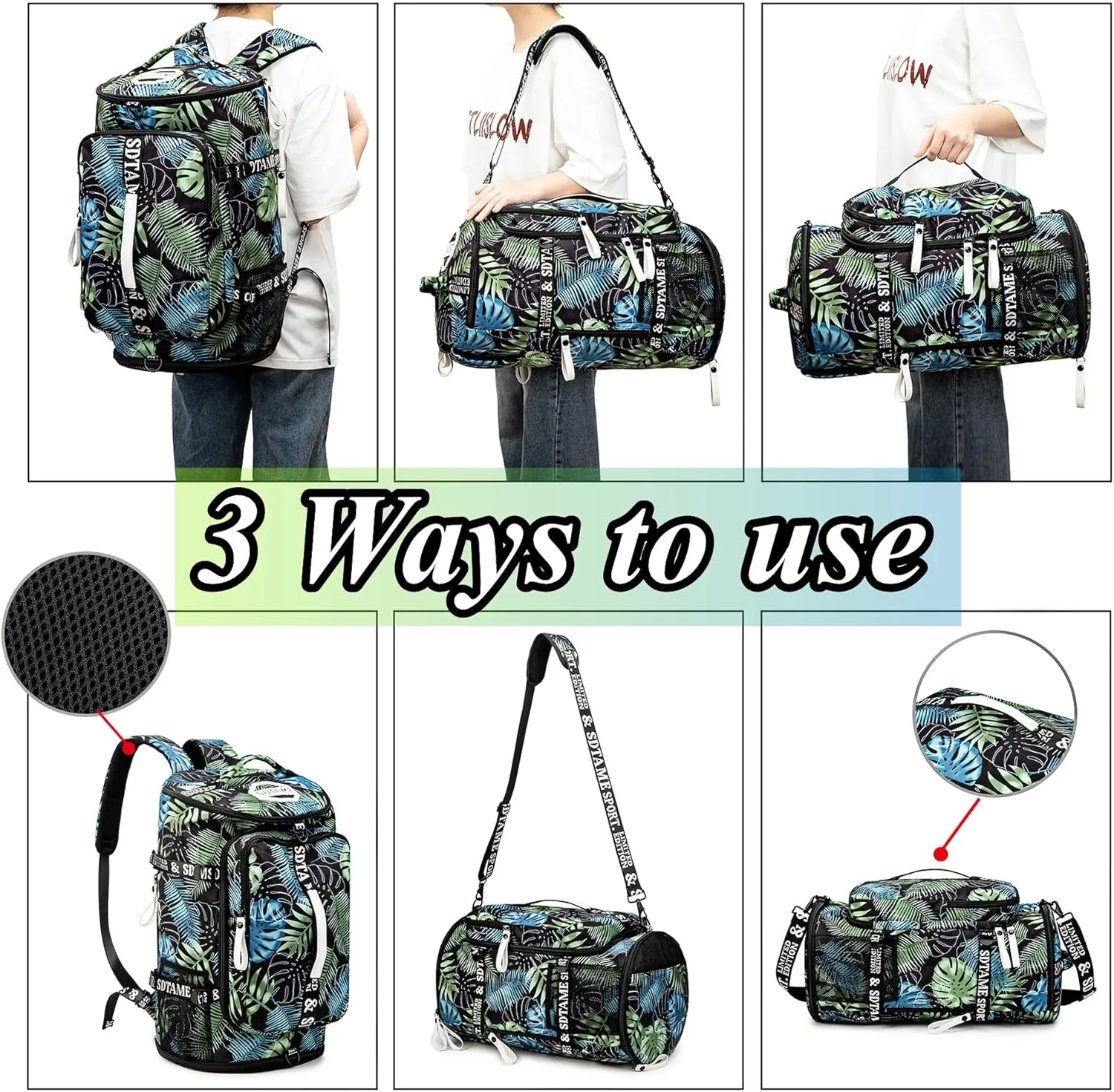 Gym Duffle Bag Backpack with Shoe Compartment,4 ways Travel Backpack for Women and Men,Multi-Functional Weekender bag with Waterproof Layer&Laptop Compartment for Fitness, Travel,Camping