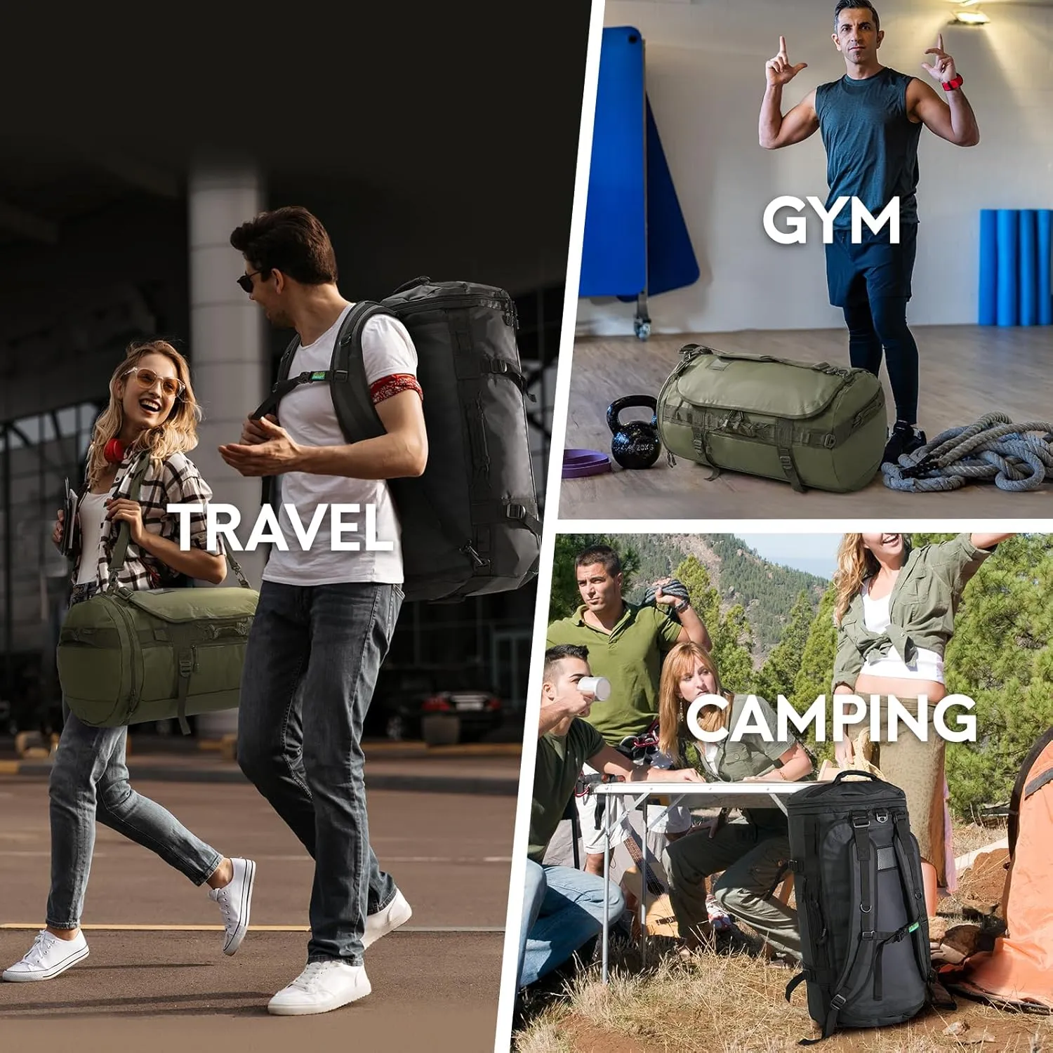 Haimont Large Duffle Bag Backpack for Men Women, 60L Convertible Travel Duffel Bags with Shoes Compartment, Carry on Durable Duffle for Sports Gym Hiking Camping, Water-resistant, Army Green