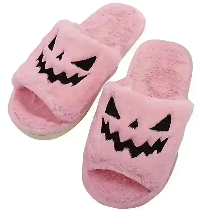 Halloween Pumpkin Fuzzy Slippers Soft Plush Cozy Open Toe Women Slides