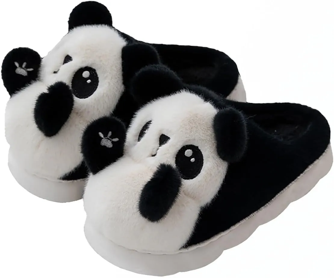 HANDKEI Fluffy Women's Panda Plush Slippers - Rubber Anti Slip Home & Outdoor