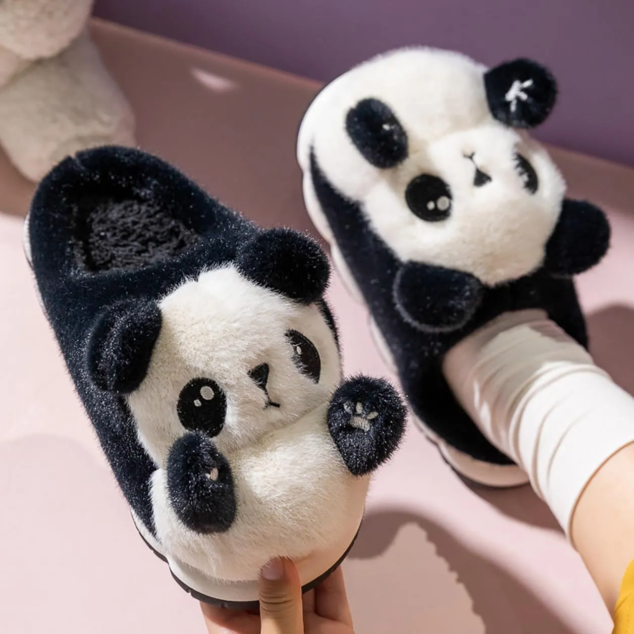 HANDKEI Fluffy Women's Panda Plush Slippers - Rubber Anti Slip Home & Outdoor