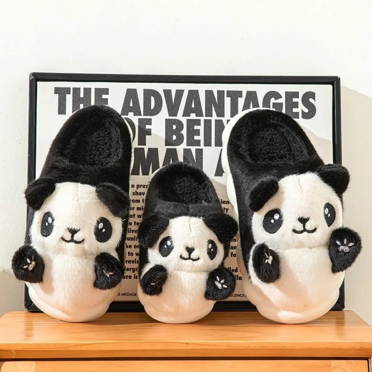 HANDKEI Fluffy Women's Panda Plush Slippers - Rubber Anti Slip Home & Outdoor