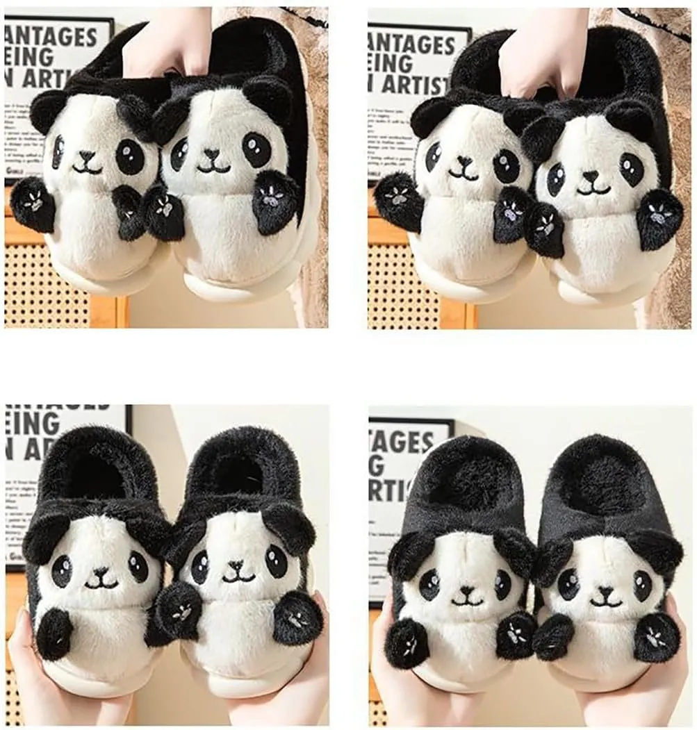 HANDKEI Fluffy Women's Panda Plush Slippers - Rubber Anti Slip Home & Outdoor