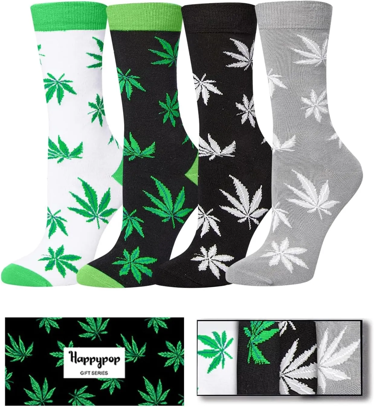 HAPPYPOP Funny Weed Gift for Men Women Teens - Marijuana, Cannabis 420 Gifts for Stoners, Pot Leaf, Weed Socks 4 Pack, Valentine's Day