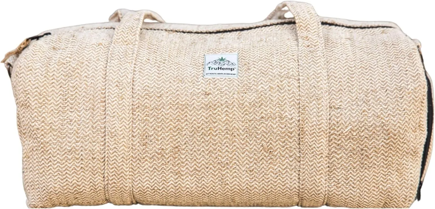 Hemp Duffle Bag, Beige – Natural Travel Gym Bag with Shoe Compartment, Durable 30L Capacity with Dual YKK Zippered Sections