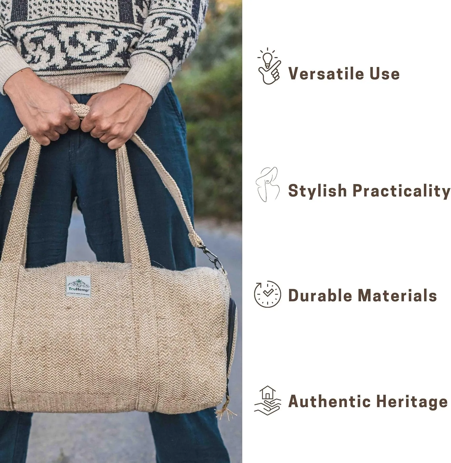 Hemp Duffle Bag, Beige – Natural Travel Gym Bag with Shoe Compartment, Durable 30L Capacity with Dual YKK Zippered Sections
