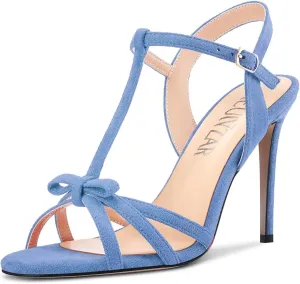 HEUIVZAR Women Stiletto High Heel Peep Open Toe Pumps T-Strap Buckle Bow-Knot Wedding Dress 3.9 Inches Heels