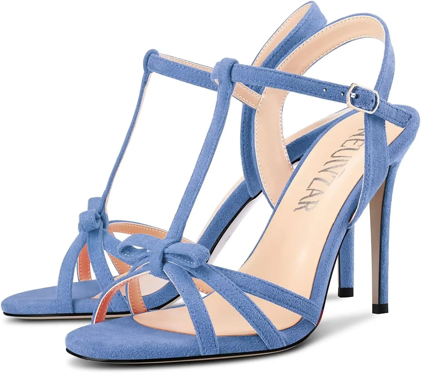 HEUIVZAR Women Stiletto High Heel Peep Open Toe Pumps T-Strap Buckle Bow-Knot Wedding Dress 3.9 Inches Heels