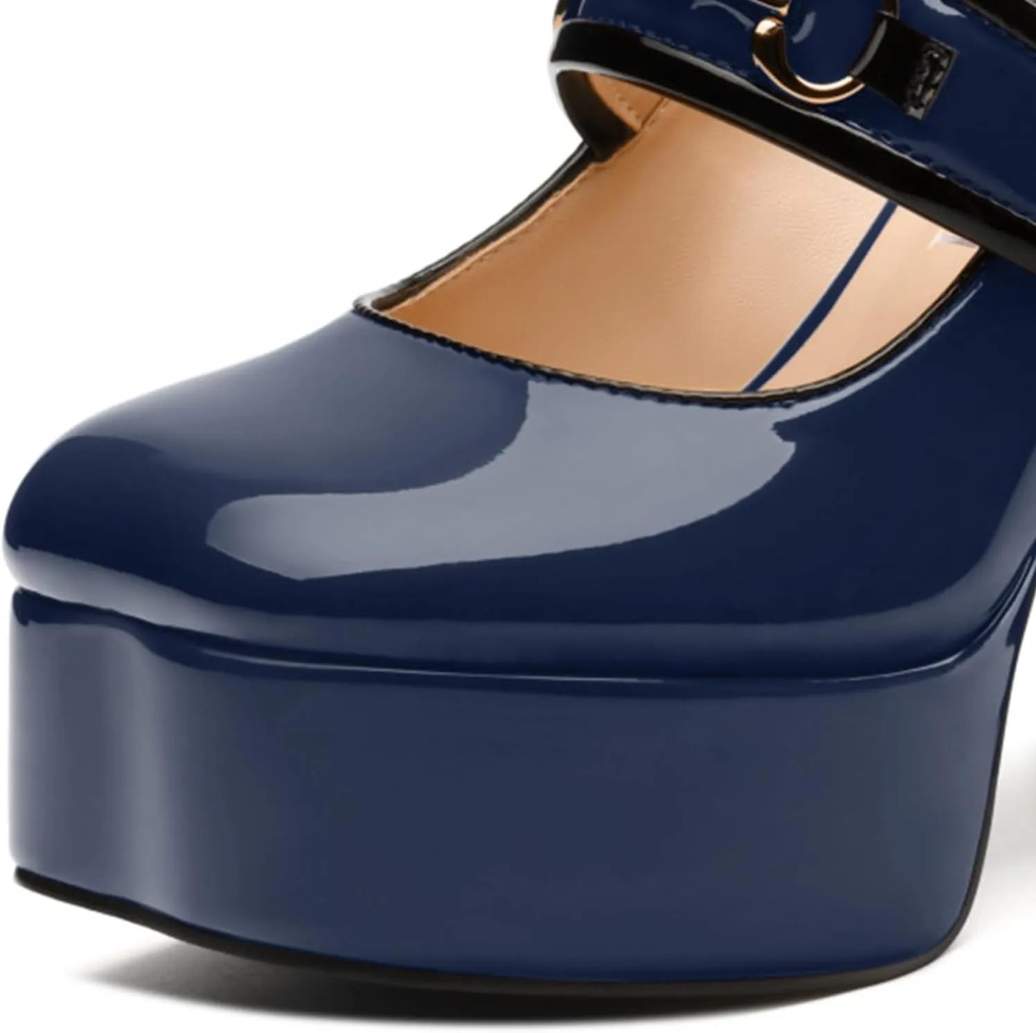 High Heels Pumps Square Toe Women's Shoes Patent Leather Thick Sole Thick Heel Hook-and-Loop Straps Height 10 Cm