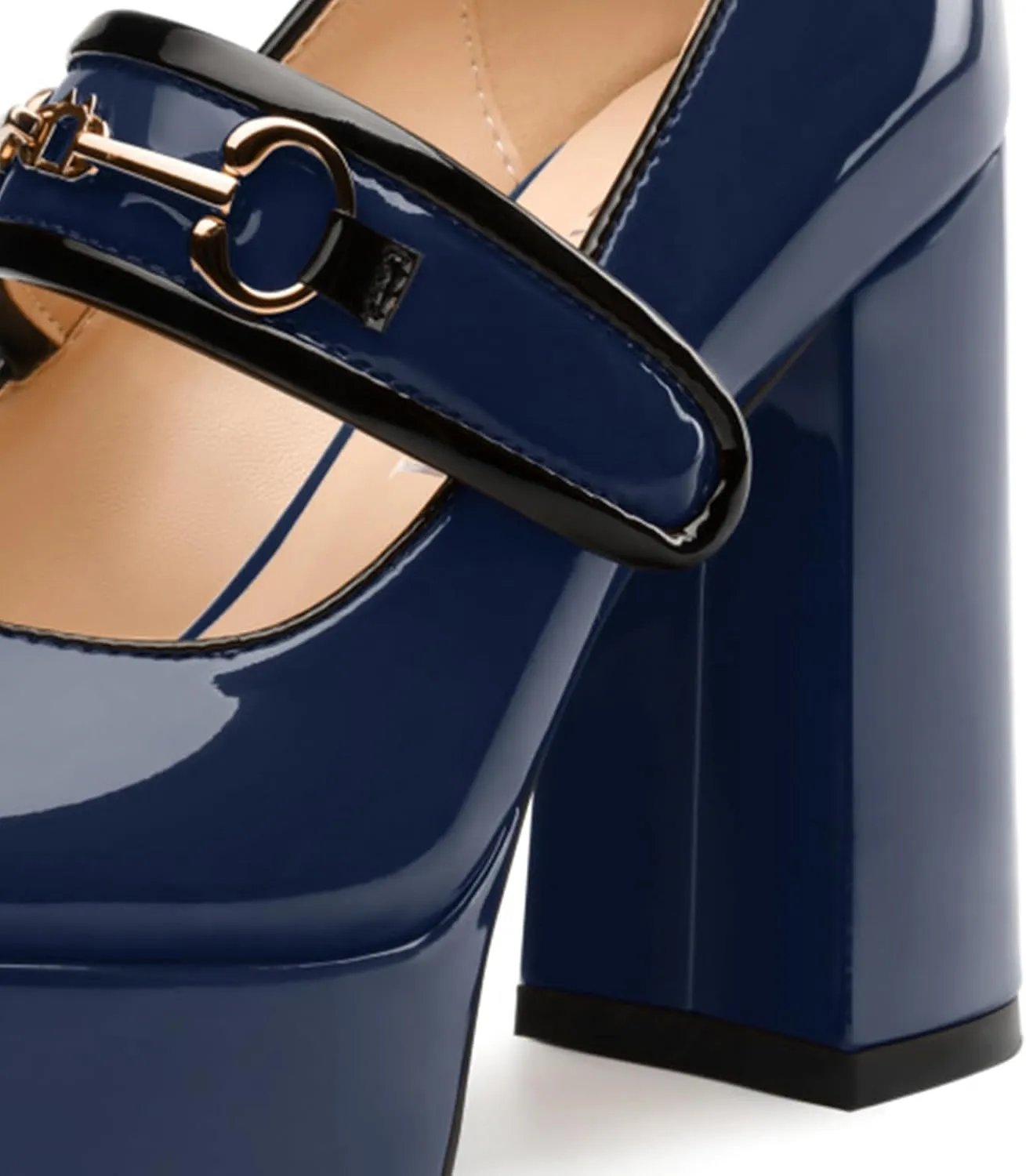 High Heels Pumps Square Toe Women's Shoes Patent Leather Thick Sole Thick Heel Hook-and-Loop Straps Height 10 Cm