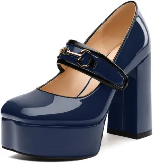 High Heels Pumps Square Toe Women's Shoes Patent Leather Thick Sole Thick Heel Hook-and-Loop Straps Height 10 Cm