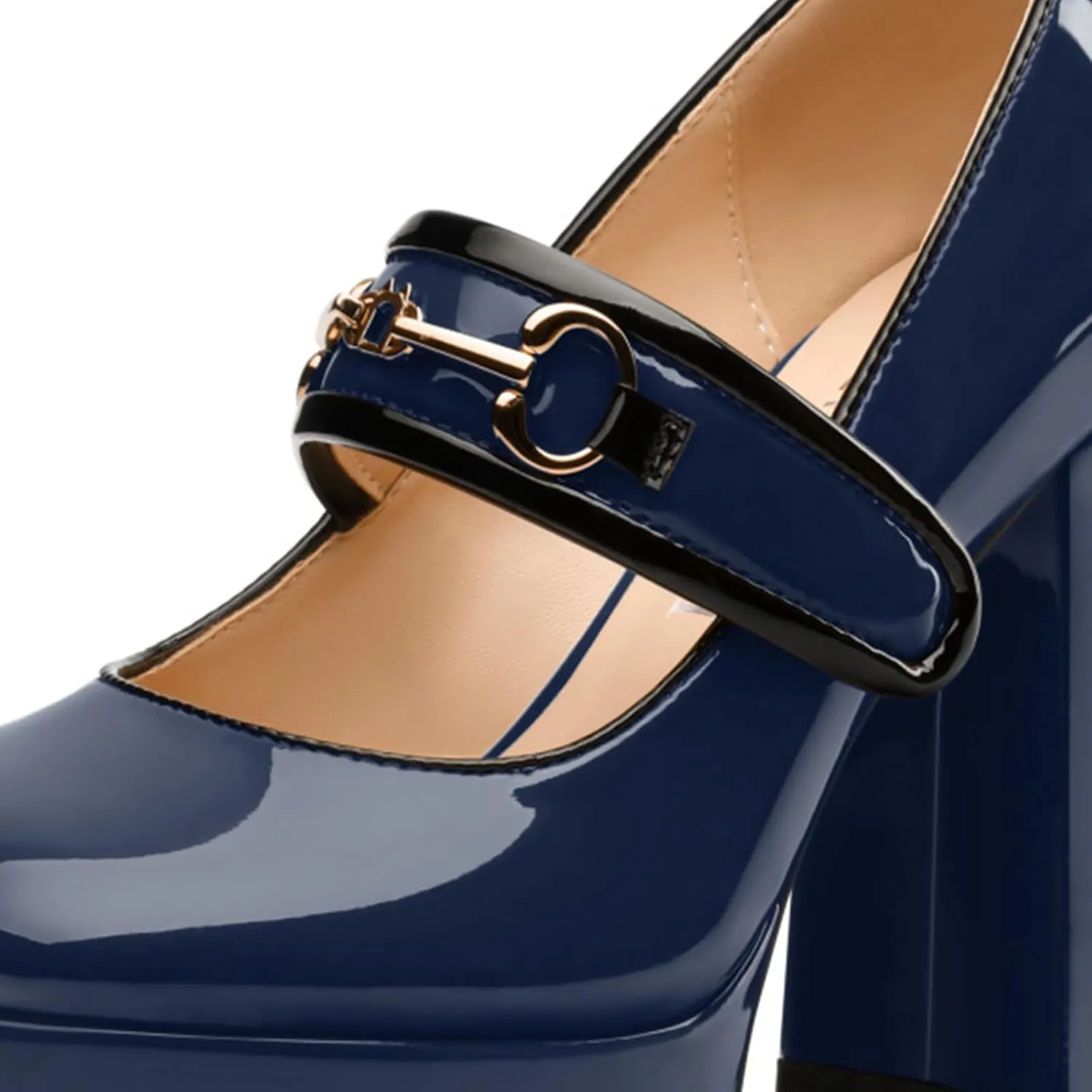 High Heels Pumps Square Toe Women's Shoes Patent Leather Thick Sole Thick Heel Hook-and-Loop Straps Height 10 Cm