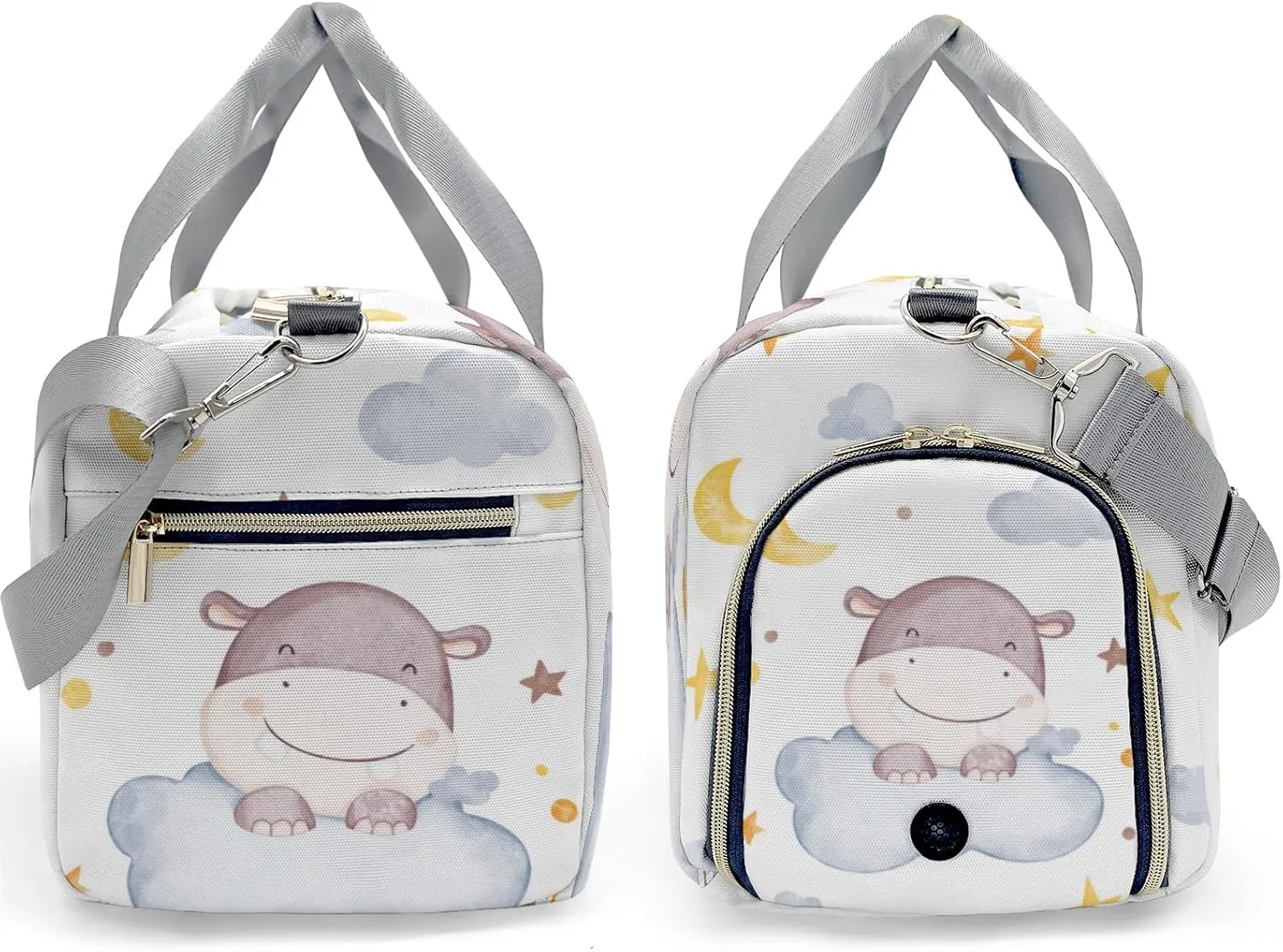 Hippo Moon Stars Clouds Personalized Duffel Bag,Custom Travel Gym Bag with Name,Waterproof Sports Overnight Bag with Shoe Compartment & Shoulder Strap