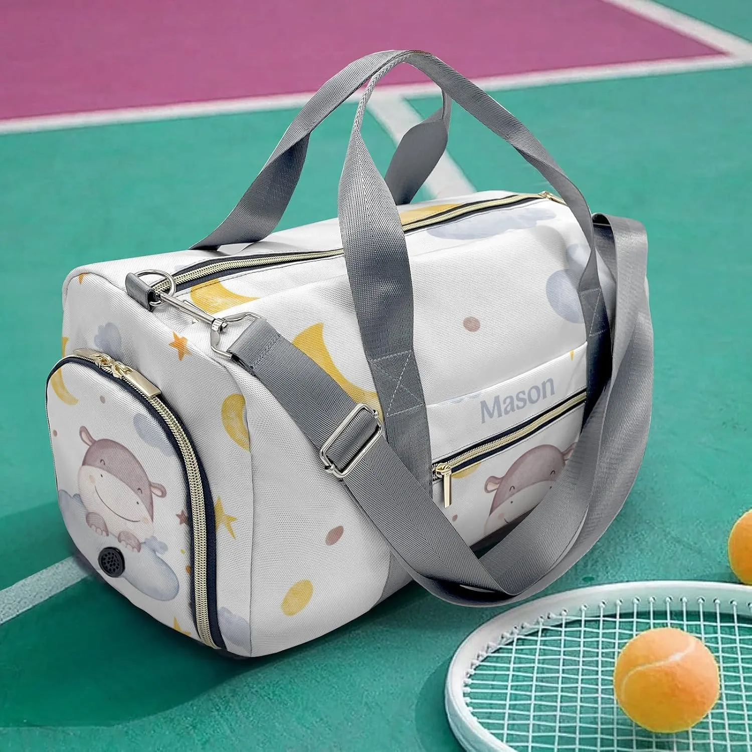 Hippo Moon Stars Clouds Personalized Duffel Bag,Custom Travel Gym Bag with Name,Waterproof Sports Overnight Bag with Shoe Compartment & Shoulder Strap