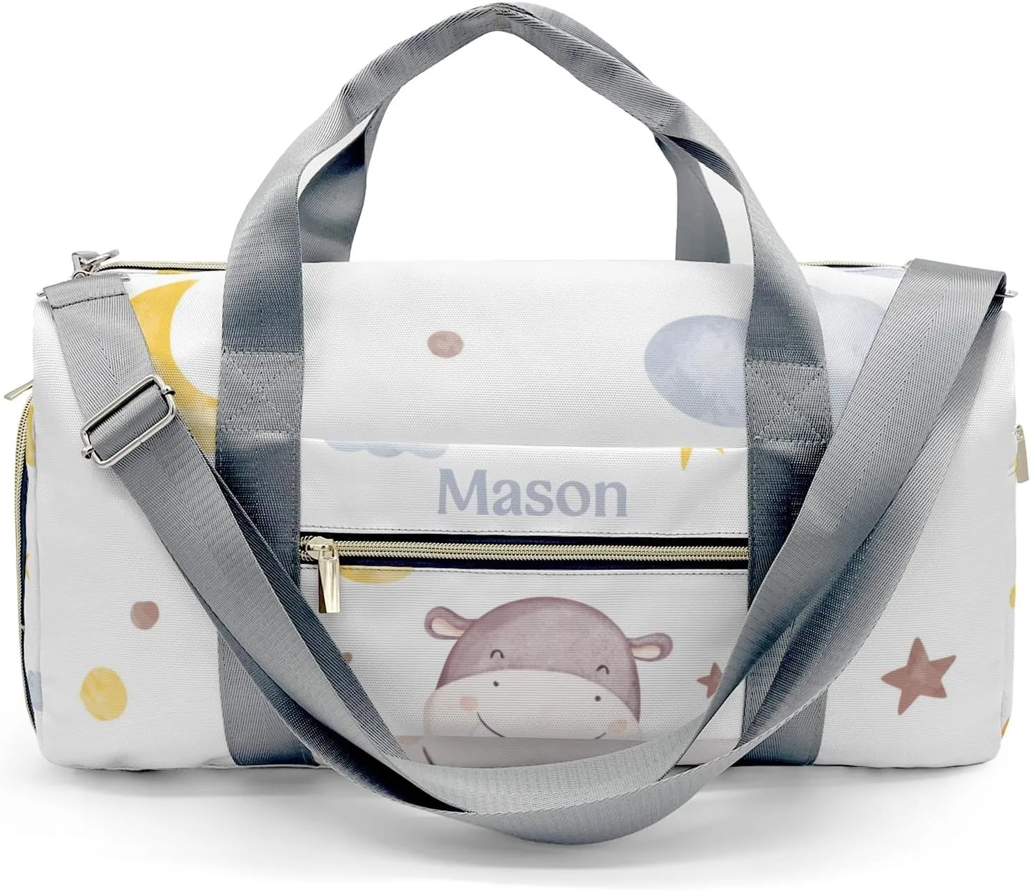 Hippo Moon Stars Clouds Personalized Duffel Bag,Custom Travel Gym Bag with Name,Waterproof Sports Overnight Bag with Shoe Compartment & Shoulder Strap