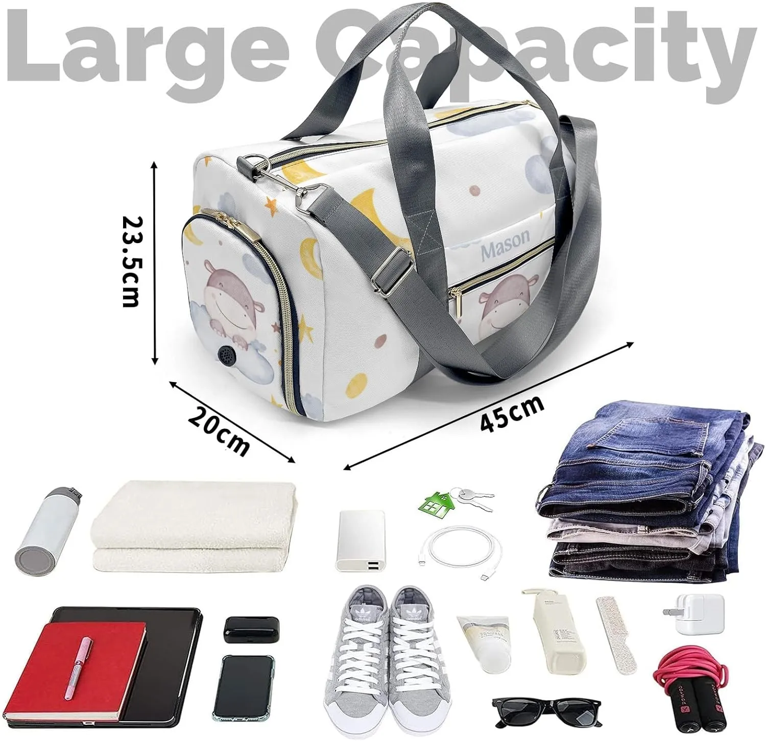 Hippo Moon Stars Clouds Personalized Duffel Bag,Custom Travel Gym Bag with Name,Waterproof Sports Overnight Bag with Shoe Compartment & Shoulder Strap