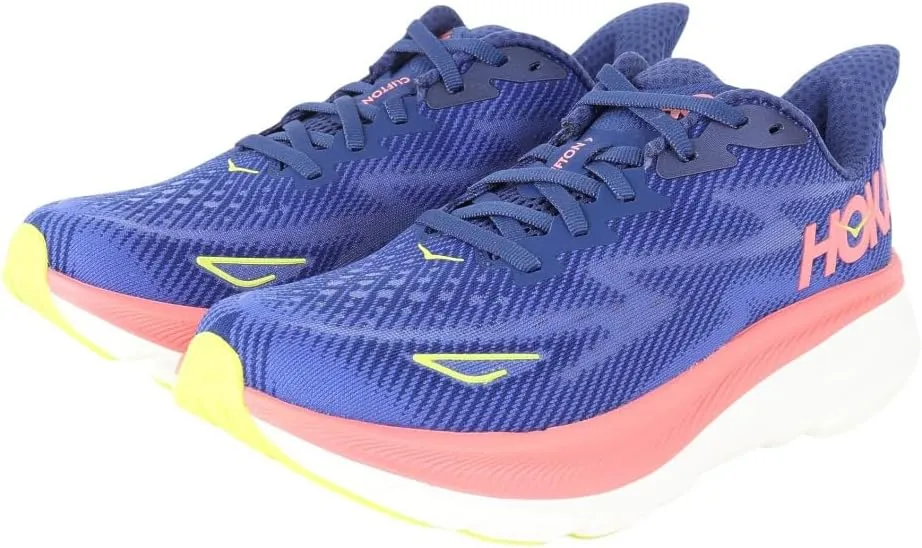Hoka Clifton 9 Wide Women's Running Shoes Blue Pink, Evening Sky Coral, 8 US