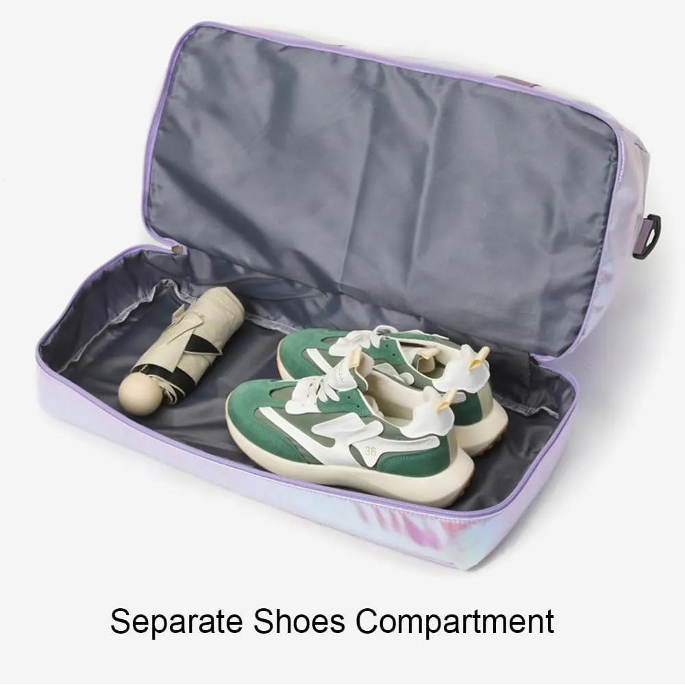 Holographic Shimmering Gym Duffle Bag with Shoes Compartment & Wet Pocket, Women Weekend Overnight Travel Bag Gymnastic Dance Bag for Girl (white)