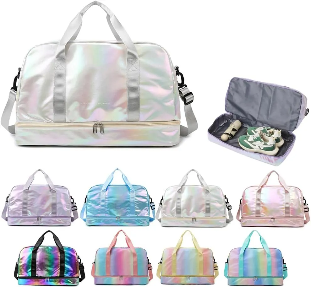 Holographic Shimmering Gym Duffle Bag with Shoes Compartment & Wet Pocket, Women Weekend Overnight Travel Bag Gymnastic Dance Bag for Girl (white)