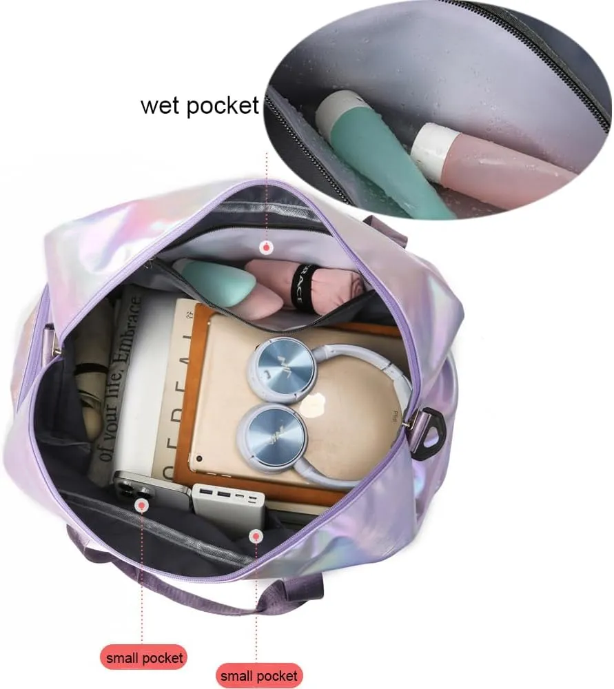 Holographic Shimmering Gym Duffle Bag with Shoes Compartment & Wet Pocket, Women Weekend Overnight Travel Bag Gymnastic Dance Bag for Girl (white)