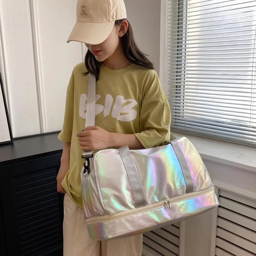 Holographic Shimmering Gym Duffle Bag with Shoes Compartment & Wet Pocket, Women Weekend Overnight Travel Bag Gymnastic Dance Bag for Girl (white)
