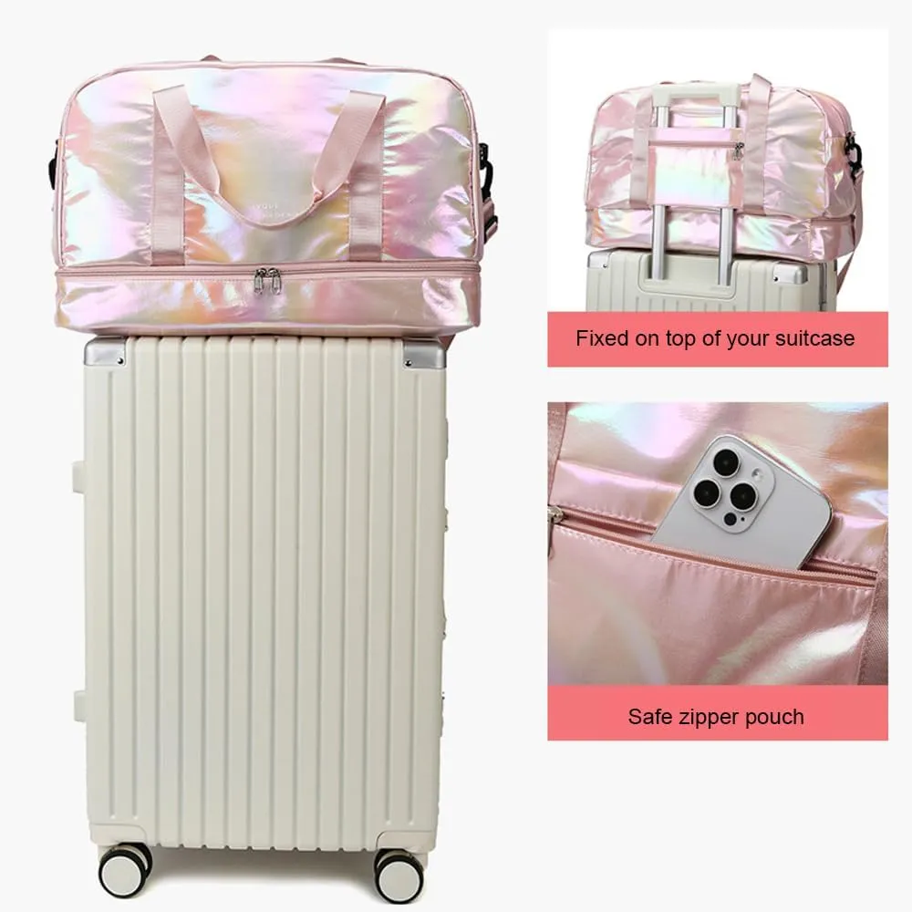 Holographic Shimmering Gym Duffle Bag with Shoes Compartment & Wet Pocket, Women Weekend Overnight Travel Bag Gymnastic Dance Bag for Girl (white)