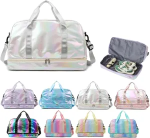 Holographic Shimmering Gym Duffle Bag with Shoes Compartment & Wet Pocket, Women Weekend Overnight Travel Bag Gymnastic Dance Bag for Girl (white)
