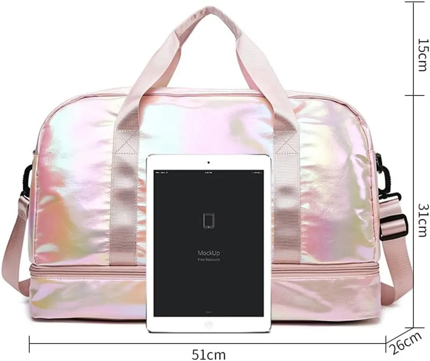 Holographic Shimmering Gym Duffle Bag with Shoes Compartment & Wet Pocket, Women Weekend Overnight Travel Bag Gymnastic Dance Bag for Girl (white)