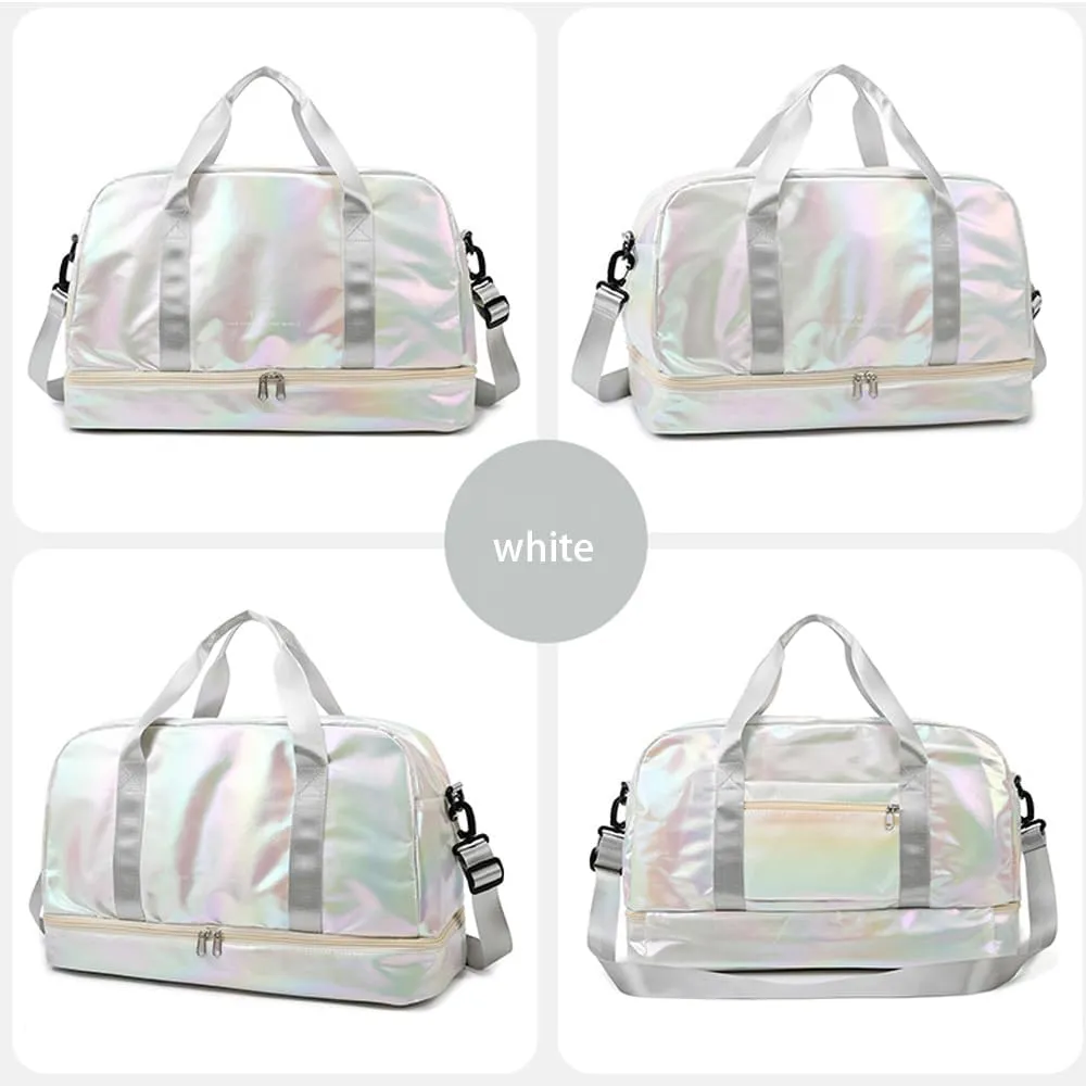 Holographic Shimmering Gym Duffle Bag with Shoes Compartment & Wet Pocket, Women Weekend Overnight Travel Bag Gymnastic Dance Bag for Girl (white)