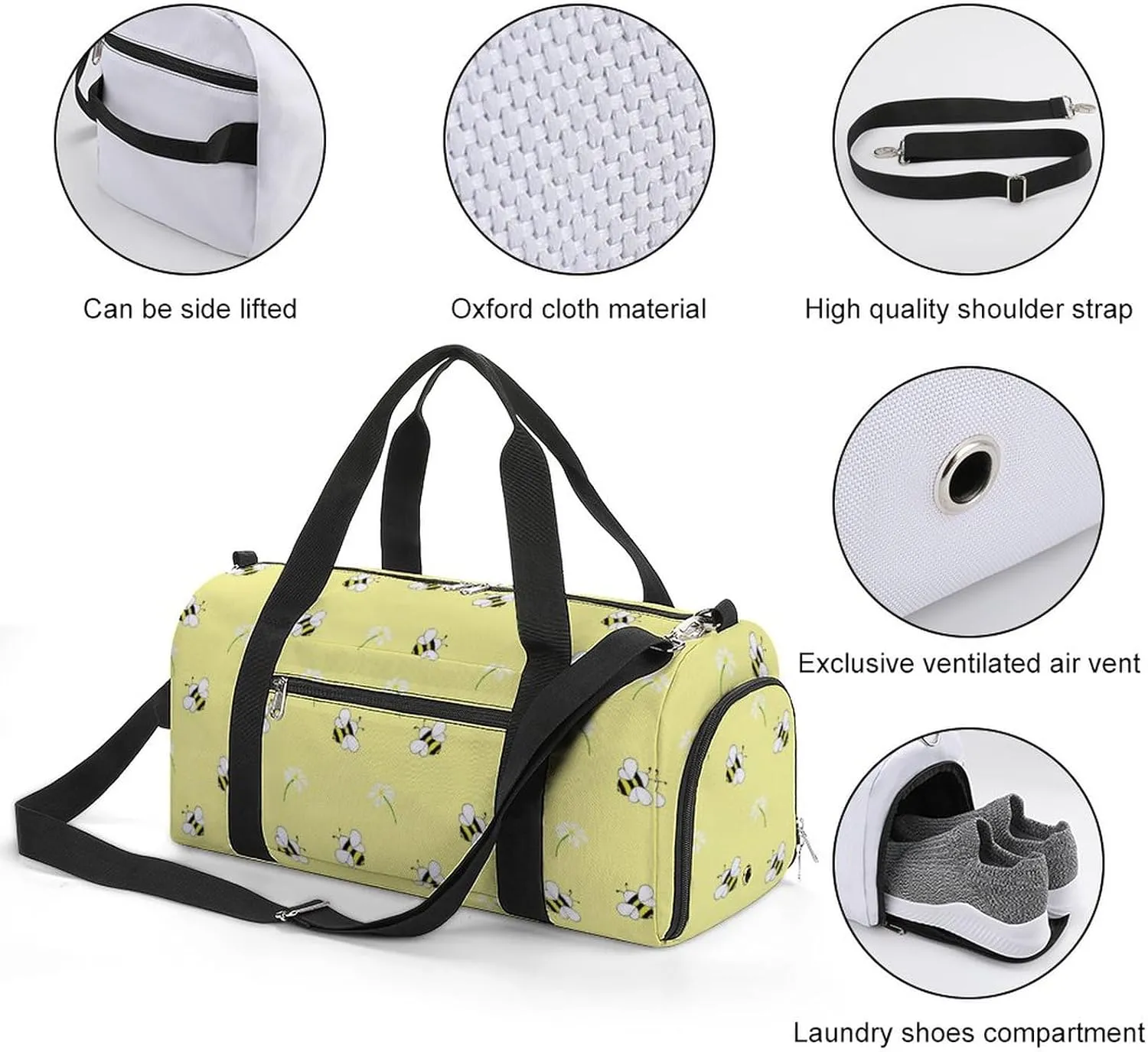 Honey-bees-flowers Sports Tote Gym Bag for Women Men, Overnight Bag with Shoe Compartment Water Resistant