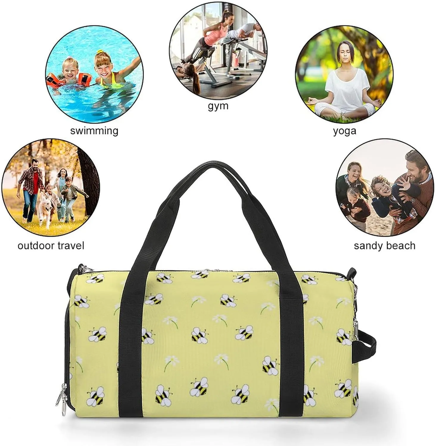 Honey-bees-flowers Sports Tote Gym Bag for Women Men, Overnight Bag with Shoe Compartment Water Resistant