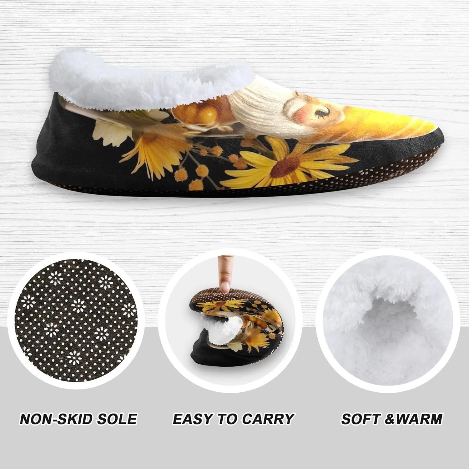Honey Gnome Flowers House Slippers for Women Guest Non-Slip Soft Fluffy Slippers Gripper Socks